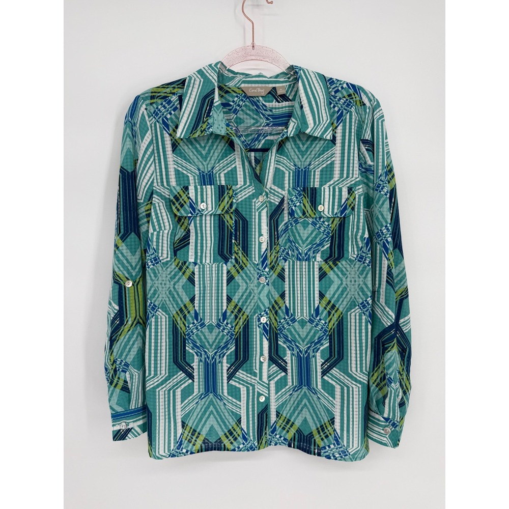 Coral‎ Bay Womens Teal Blue Geometric Abstract Button Down Roll Tab Shirt Sz M
